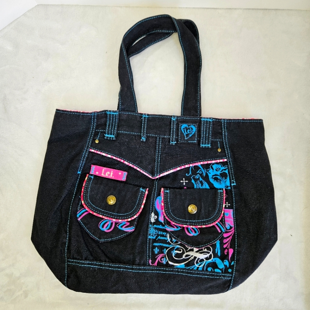 Vintage LEI 90s Y2K l.e.i Black Pants Purse Tote Snap Pockets Lined Blue Pink